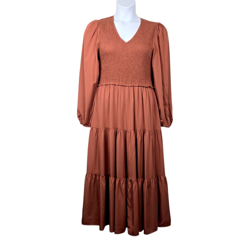 Bohme Women Long Sleeve Rust Brown V-Neck Smocked Tiered Midi Dress Size L NWOT